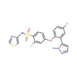 Cn1nccc1-c1cc(Cl)ccc1Oc1ccc(S(=O)(=O)Nc2cscn2)c(F)c1 ZINC000095584342