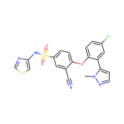 Cn1nccc1-c1cc(Cl)ccc1Oc1ccc(S(=O)(=O)Nc2cscn2)cc1C#N ZINC000095583589