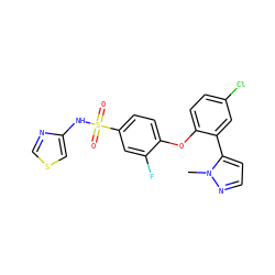 Cn1nccc1-c1cc(Cl)ccc1Oc1ccc(S(=O)(=O)Nc2cscn2)cc1F ZINC000095584457