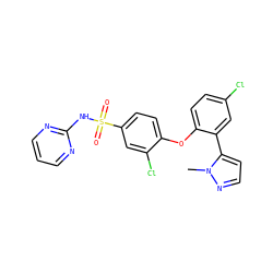 Cn1nccc1-c1cc(Cl)ccc1Oc1ccc(S(=O)(=O)Nc2ncccn2)cc1Cl ZINC000095583594