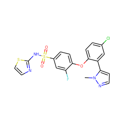 Cn1nccc1-c1cc(Cl)ccc1Oc1ccc(S(=O)(=O)Nc2nccs2)cc1F ZINC000095580714