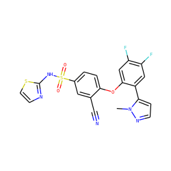 Cn1nccc1-c1cc(F)c(F)cc1Oc1ccc(S(=O)(=O)Nc2nccs2)cc1C#N ZINC000095583576