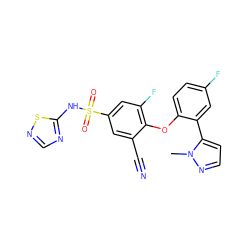 Cn1nccc1-c1cc(F)ccc1Oc1c(F)cc(S(=O)(=O)Nc2ncns2)cc1C#N ZINC000095585522