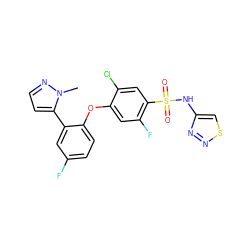 Cn1nccc1-c1cc(F)ccc1Oc1cc(F)c(S(=O)(=O)Nc2csnn2)cc1Cl ZINC000095582311