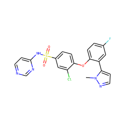 Cn1nccc1-c1cc(F)ccc1Oc1ccc(S(=O)(=O)Nc2ccncn2)cc1Cl ZINC000095583008