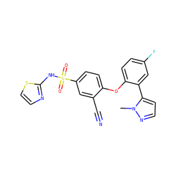 Cn1nccc1-c1cc(F)ccc1Oc1ccc(S(=O)(=O)Nc2nccs2)cc1C#N ZINC000095581859