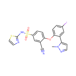 Cn1nccc1-c1cc(I)ccc1Oc1ccc(S(=O)(=O)Nc2nccs2)cc1C#N ZINC000095581417
