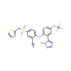 Cn1nccc1-c1cc(OC(F)(F)F)ccc1Oc1ccc(S(=O)(=O)Nc2nccs2)cc1C#N ZINC000095582570