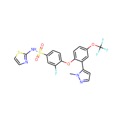 Cn1nccc1-c1cc(OC(F)(F)F)ccc1Oc1ccc(S(=O)(=O)Nc2nccs2)cc1F ZINC000095580698