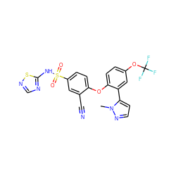 Cn1nccc1-c1cc(OC(F)(F)F)ccc1Oc1ccc(S(=O)(=O)Nc2ncns2)cc1C#N ZINC000095582146