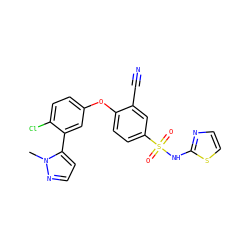 Cn1nccc1-c1cc(Oc2ccc(S(=O)(=O)Nc3nccs3)cc2C#N)ccc1Cl ZINC000095582049