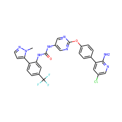 Cn1nccc1-c1ccc(C(F)(F)F)cc1NC(=O)Nc1cnc(Oc2ccc(-c3cc(Cl)cnc3N)cc2)nc1 ZINC000221114804