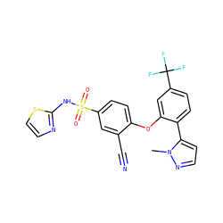 Cn1nccc1-c1ccc(C(F)(F)F)cc1Oc1ccc(S(=O)(=O)Nc2nccs2)cc1C#N ZINC000095585451