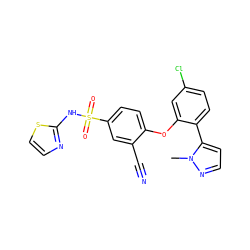 Cn1nccc1-c1ccc(Cl)cc1Oc1ccc(S(=O)(=O)Nc2nccs2)cc1C#N ZINC000095585397