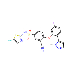 Cn1nccc1-c1ccc(I)cc1Oc1ccc(S(=O)(=O)Nc2ncc(F)s2)cc1C#N ZINC000095585382