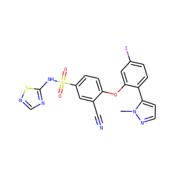 Cn1nccc1-c1ccc(I)cc1Oc1ccc(S(=O)(=O)Nc2ncns2)cc1C#N ZINC000095584772