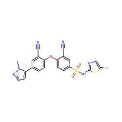 Cn1nccc1-c1ccc(Oc2ccc(S(=O)(=O)Nc3ncc(F)s3)cc2C#N)c(C#N)c1 ZINC000095585499
