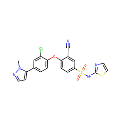 Cn1nccc1-c1ccc(Oc2ccc(S(=O)(=O)Nc3nccs3)cc2C#N)c(Cl)c1 ZINC000095584775