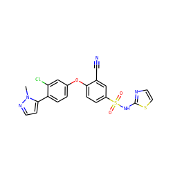 Cn1nccc1-c1ccc(Oc2ccc(S(=O)(=O)Nc3nccs3)cc2C#N)cc1Cl ZINC000095582309