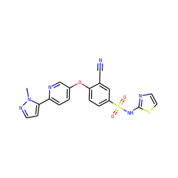 Cn1nccc1-c1ccc(Oc2ccc(S(=O)(=O)Nc3nccs3)cc2C#N)cn1 ZINC000095584988