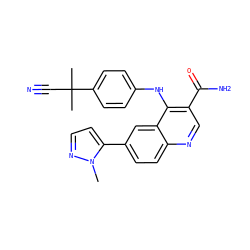 Cn1nccc1-c1ccc2ncc(C(N)=O)c(Nc3ccc(C(C)(C)C#N)cc3)c2c1 ZINC000653754324