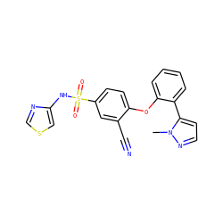 Cn1nccc1-c1ccccc1Oc1ccc(S(=O)(=O)Nc2cscn2)cc1C#N ZINC000095584307