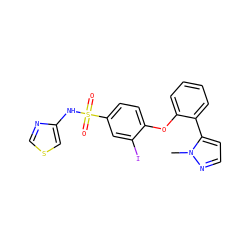 Cn1nccc1-c1ccccc1Oc1ccc(S(=O)(=O)Nc2cscn2)cc1I ZINC000095585627