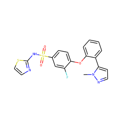 Cn1nccc1-c1ccccc1Oc1ccc(S(=O)(=O)Nc2nccs2)cc1F ZINC000095585553