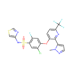 Cn1nccc1-c1nc(C(F)(F)F)ccc1Oc1cc(F)c(S(=O)(=O)Nc2cscn2)cc1Cl ZINC000095585293