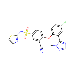 Cn1ncnc1-c1cc(Cl)ccc1Oc1ccc(S(=O)(=O)Nc2nccs2)cc1C#N ZINC000095582611