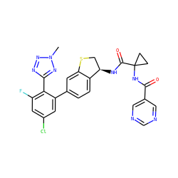 Cn1nnc(-c2c(F)cc(Cl)cc2-c2ccc3c(c2)SC[C@H]3NC(=O)C2(NC(=O)c3cncnc3)CC2)n1 ZINC000142265145
