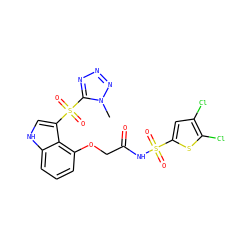 Cn1nnnc1S(=O)(=O)c1c[nH]c2cccc(OCC(=O)NS(=O)(=O)c3cc(Cl)c(Cl)s3)c12 ZINC000044404679