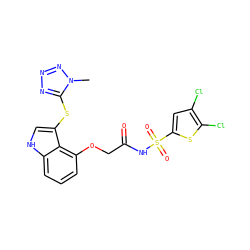 Cn1nnnc1Sc1c[nH]c2cccc(OCC(=O)NS(=O)(=O)c3cc(Cl)c(Cl)s3)c12 ZINC000049867419