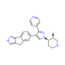 F[C@H]1CNCC[C@H]1n1cc(-c2ccc3c(c2)Cc2c[nH]nc2-3)c(-c2ccncc2)n1 ZINC000071332018