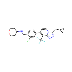 FC(F)(F)c1c(-c2ccc(CNC3CCOCC3)c(Cl)c2)ccn2c(CC3CC3)nnc12 ZINC000143587378