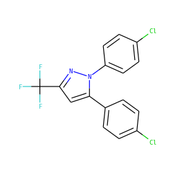 FC(F)(F)c1cc(-c2ccc(Cl)cc2)n(-c2ccc(Cl)cc2)n1 ZINC000013761873