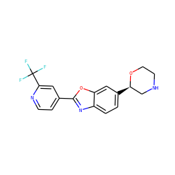 FC(F)(F)c1cc(-c2nc3ccc([C@@H]4CNCCO4)cc3o2)ccn1 ZINC000205127316