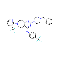 FC(F)(F)c1ccc(Nc2nc(N3CCN(Cc4ccccc4)CC3)nc3c2CCN(c2ncccc2C(F)(F)F)CC3)cc1 ZINC000144364183