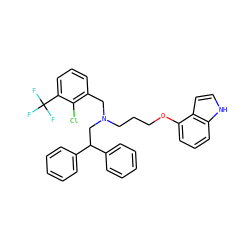 FC(F)(F)c1cccc(CN(CCCOc2cccc3[nH]ccc23)CC(c2ccccc2)c2ccccc2)c1Cl ZINC000044360473