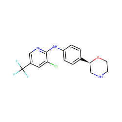 FC(F)(F)c1cnc(Nc2ccc([C@@H]3CNCCO3)cc2)c(Cl)c1 ZINC000150051311