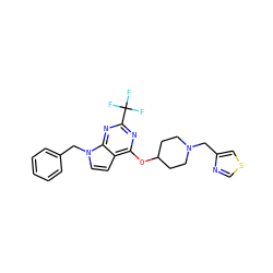 FC(F)(F)c1nc(OC2CCN(Cc3cscn3)CC2)c2ccn(Cc3ccccc3)c2n1 ZINC000084602201