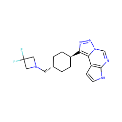 FC1(F)CN(C[C@H]2CC[C@H](c3nnn4cnc5[nH]ccc5c34)CC2)C1 ZINC001772642309
