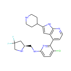 FC1(F)CN[C@H](CNc2ccc(Cl)c(-c3ccnc4[nH]c(C5CCNCC5)cc34)n2)C1 ZINC000226069542