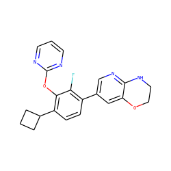 Fc1c(-c2cnc3c(c2)OCCN3)ccc(C2CCC2)c1Oc1ncccn1 ZINC000224570401