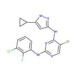 Fc1c(Cl)cccc1Nc1ncc(Br)c(Nc2cc(C3CC3)[nH]n2)n1 ZINC000203003770