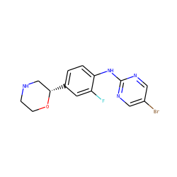 Fc1cc([C@H]2CNCCO2)ccc1Nc1ncc(Br)cn1 ZINC000150012899