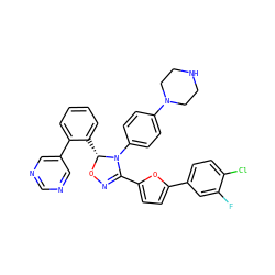 Fc1cc(-c2ccc(C3=NO[C@H](c4ccccc4-c4cncnc4)N3c3ccc(N4CCNCC4)cc3)o2)ccc1Cl ZINC000084709169