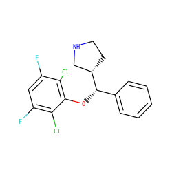 Fc1cc(F)c(Cl)c(O[C@@H](c2ccccc2)[C@H]2CCNC2)c1Cl ZINC000095588357