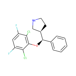Fc1cc(F)c(Cl)c(O[C@H](c2ccccc2)[C@@H]2CCNC2)c1Cl ZINC000095592337