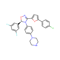 Fc1cc(F)cc([C@H]2ON=C(c3ccc(-c4ccc(Cl)cc4)o3)N2c2ccc(N3CCNCC3)cc2)c1 ZINC000084723436